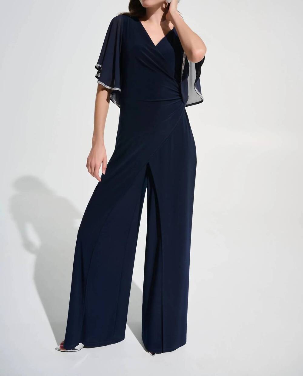 NEW JOSEPH RIBKOFF jorhinestone chiffon sleeves wide leg jumpsuit in midnight bl